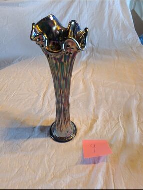 2/120$ Fenton Iridescent Ruffled Cobalt Carnival Glass Vase